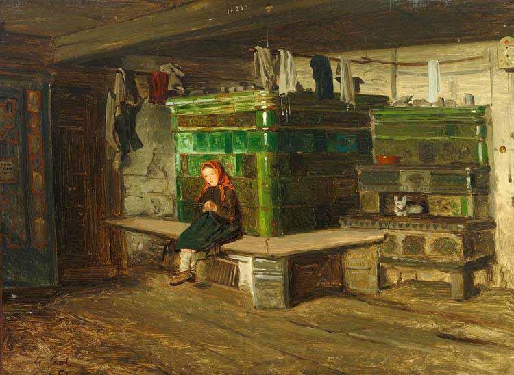 Georg Saal view into a Blackforest living room with small girl on the oven bench Spain oil painting art